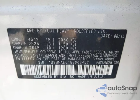 2016 Subaru Legacy 2.5I Premium из США, поврежденный, VIN 4S3BNAE61G3008453